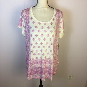 New! Lucky Brand Tee T-Shirt XL White Pink Boho Linen Blend Short Sleeve
